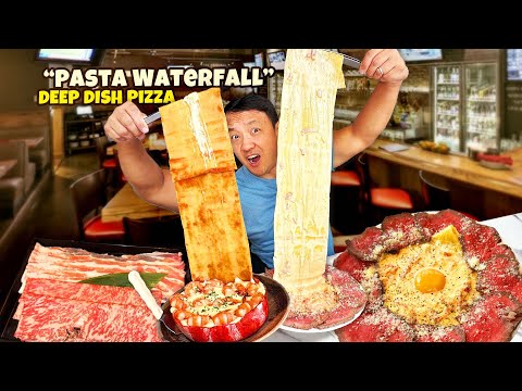 "Pasta Waterfall" DEEP DISH Pizza & $100 VERY TRADITIONAL Japanese Shabu Hotpot in Tokyo Japan