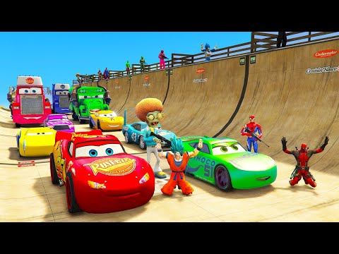 SPIDERMAN Vs HULK McQueen Friends CARS MEGA Color Blocks Ramp ! SUPERHERO Mack Truck Race - GTA V