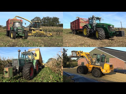 Mais hakselen en inkuilen bij Kroese met New Holland FX450 + John Deere en Fendt trekkers (2024)