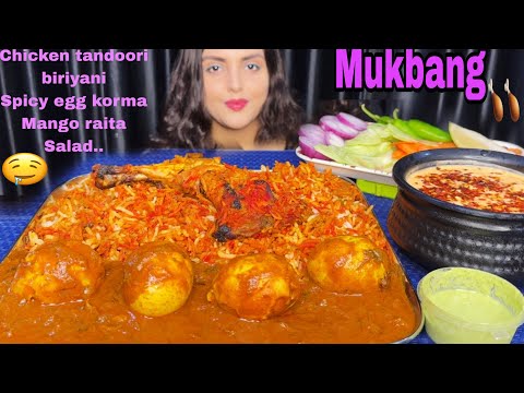 Eating Chicken Tandoori Biryani with Spicy Egg Korma, Mango Raita | Mukbang Eating Show