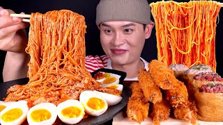 매콤새콤달콤한 비빔국수와 대왕새우튀김 육회 참치 유부초밥 먹방~!! Spicy Kimchi Noodles With Fried Shrimp Inari Sushi MuKBang~!!