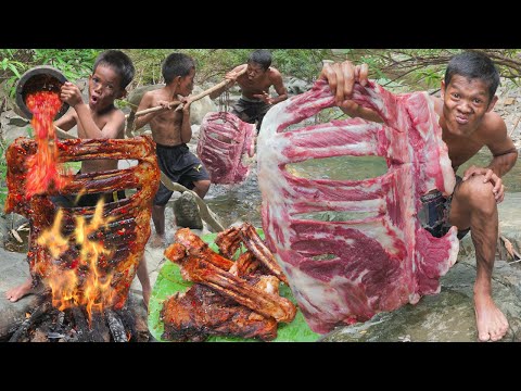 Primitive Forest Cooking: Pork Rib Feast in the Wild | Traditional Outdoor Cook Adventure