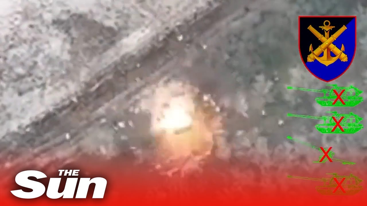 Huge explosions as Ukrainian drones drop bombs onto Russian howitzer tanks