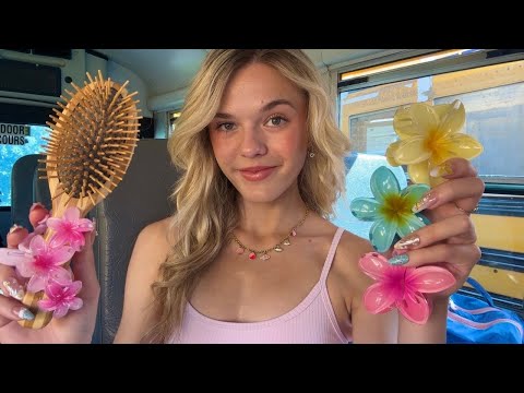 ASMR Sweet Girl On The School Bus Does Your Hair 🚌💖🦋 (hair brushing, clipping, braiding)