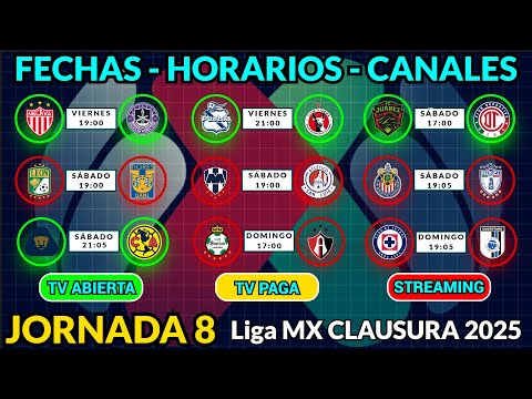 FECHAS, HORARIOS y CANALES CONFIRMADOS para los PARTIDOS de la JORNADA 8 Liga MX CLAUSURA 2025