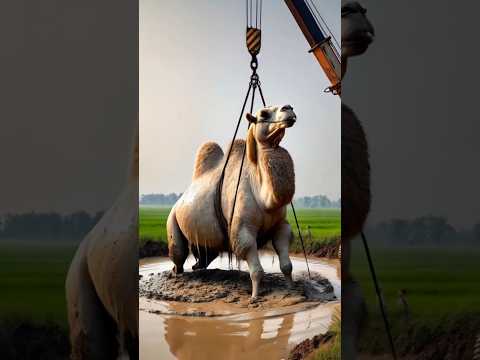 Fat Camel stuck in mud remove by rescue team #humanity #camel #rescueanimals #animals #desert #ai