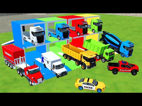 TRANSPORTING MIXER CEMENT TRUCK, DUMP TRUCK, POLICE CAR TO GARAGE WITH MAN TRUCK - FS22