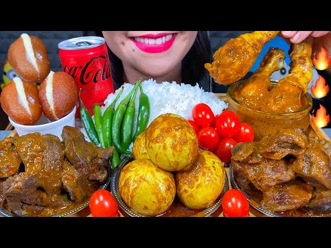 ASMR CHICKEN CURRY, CHICKEN LIVER & GIZZARD CURRY, EGG CURRY, GULAB JAMUN MASSIVE Eating Sounds