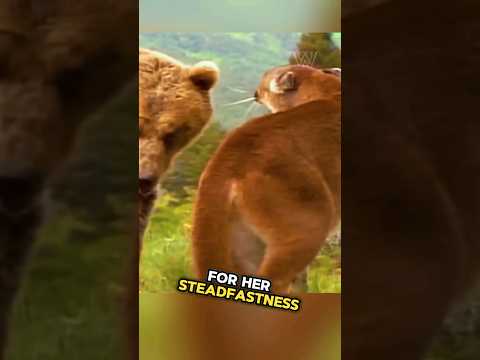 A female cougar defending her cub from a bear