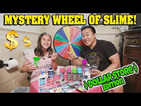MYSTERY WHEEL OF SLIME $$$ DOLLAR STORE EDITION!!! Making Hairy Slime in the Bathroom Challenge!