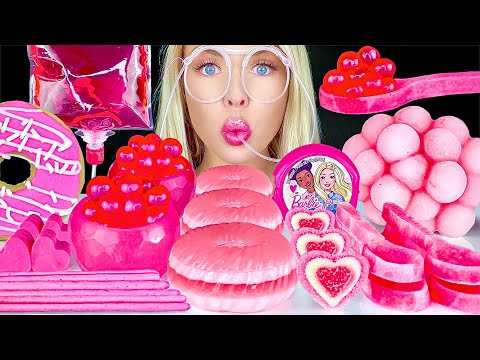 ASMR PINK DESSERTS, POCKY, RASPBERRY JELLY FROZEN WAX CANDY, BARBIE BUBBLE GUM MUKBANG 먹방
