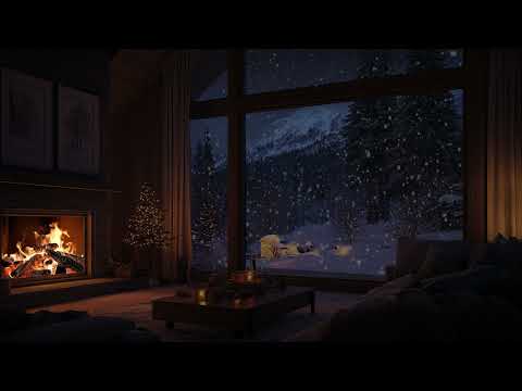 Peaceful Winter Haven: Falling Snow & Warm Fire for Sleep and Stillness