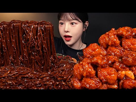 SUB)꾸덕바삭 페리카나 양념치킨에 짜왕 먹방! 짜장라면 치킨 꿀조합 리얼사운드 Seasoned Spicy Chicken & Jjajang Ramyeon Mukbang Asmr