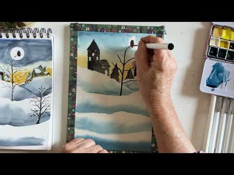 Whimsical Watercolor Winter Wonderlandscape - fun to paint in half an hour! Free Sketch Download!