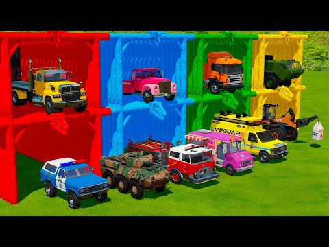 TRANSPORTING POLICE CARS, FIRE TRUCK, AMBULANCE & TANK WITH TOW TRUCKS! Farming Simulator 22