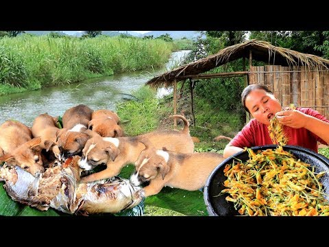 survival in the rainforest - woman cooking fish with sesbania javanica - Eating delicious