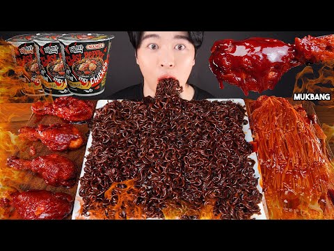 ASMR MUKBANG | GHOST PEPPER NOODLES 🔥 SPICY FRIED CHICKEN MUSHROOM 세상에서 가장 매운 고스트페퍼 라면 & 핵불닭 치킨 먹방