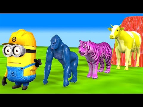 Long Slide Game With Cow Elephant Gorilla Hippopotamus Tiger - 3d Animal Game - Funny 3d Animals