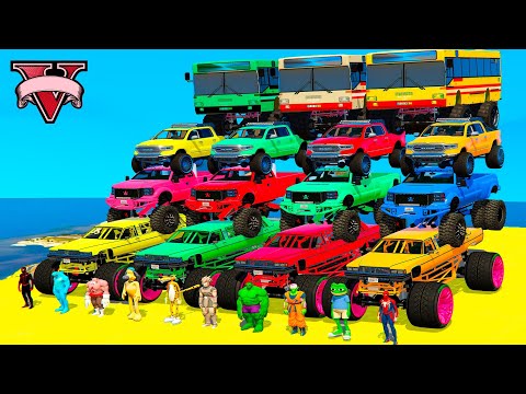 Spiderman & Super Heroes Race In Mega track Ramps By Trucks & Sea Bikes big Cars