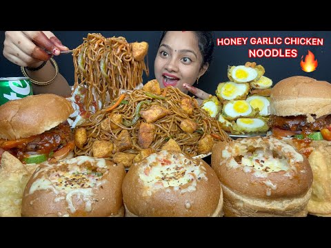 HONEY GARLIC CHICKEN NOODLES 🔥 BUN PIZZA, KING CHICKEN BURGER 🍔 EGG PAKODA, SAMOSA 😋 MUKBANG VIDEOS🤤