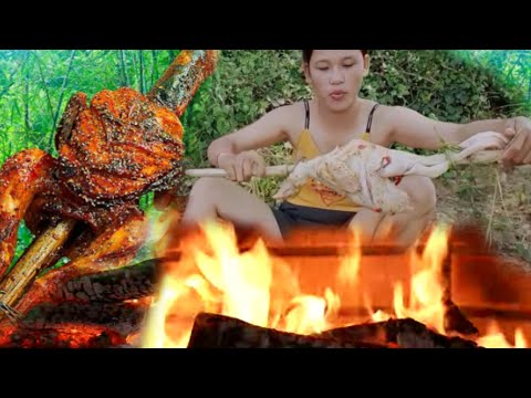 Chicken roasted in the rainforest Survival in jungle