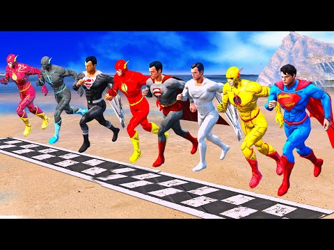 SPIDERMAN / SUPERMAN TEAM vs FLASH TEAM RUNNING CHALLENGE on Beach Mega Rampa RUN WAY - GTA 5