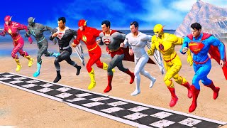 SPIDERMAN / SUPERMAN TEAM vs FLASH TEAM RUNNING CHALLENGE on Beach Mega Rampa RUN WAY - GTA 5
