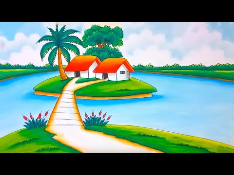 How to Draw Easy Scenery with Oil Pastels | Beautiful Landscape Drawing Easy With Oil Pastel Color