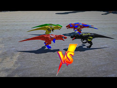 Epica batalla de tiranosaurios equipo Spiderman vs Equipo batman - Animal Revolt Battle Simulator