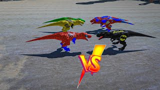 Epica batalla de tiranosaurios equipo Spiderman vs Equipo batman - Animal Revolt Battle Simulator