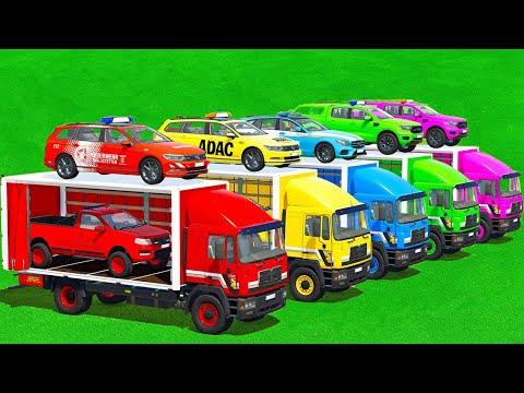 TRANSPORTING CARS, AMBULANCES, ADAC, PICKUP, VOLKSWAGE & POLICE WITH MAN TRUCKS - FS22