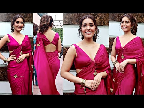 Raashi Khanna Hot In Pink Chiffon Saree🔥Sabarmati Report Movie Promotion Vikrant Massey Riddhi Dogra