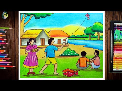 Makar Sankranti Drawing Easy | Kite Flying Scenery Drawing With Oil Pastel | Kite Festival Drawing