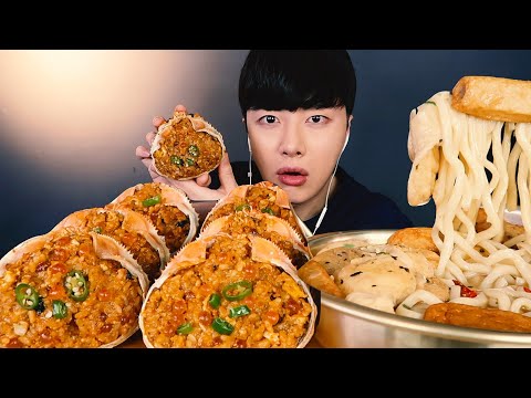 SUB)게장볶음밥 연어알 어묵탕 우동 리얼사운드 먹방ASMR🦀MUKBANG SPICY CRAP RICE かに味噌チャーハン Kepiting pedas Cua cay ปูเผ็ด
