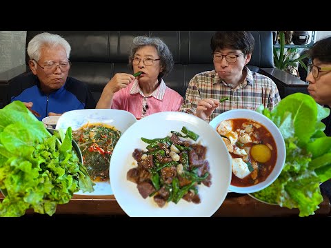 든든한 시골밥상~! 돼지목살 꽈리고추 볶음 먹방 (고추참치 순두부찌개, 깻잎 멸치찜) Korean Pork Neck & Side Dishes