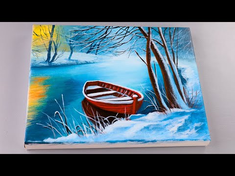 Painting a Serene Winter Landscape with a Red Boat | Step-by-Step Acrylic Tutorial