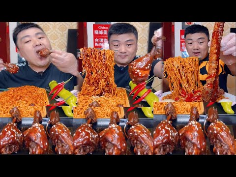 EATING Frying Chicken Legs, Turkey Noodles, Crispy Pork Belly,Egg, Cold Noodles - Mukbang Chinese