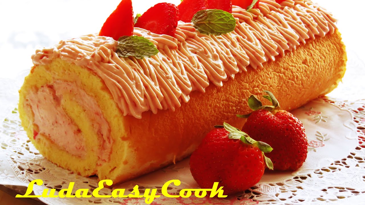 Бисквитный рулет с клубникой Очень простой рецепт LudaEasyCook