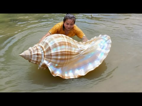 The beauty of nature, the girl was amazed by the beautiful pearl oysters and pearls in the water