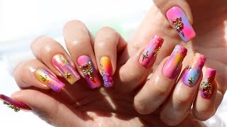 Pretty Pink Summer Nails ☀️ 💖💅🏻 Chrome, Airbrush, Charms