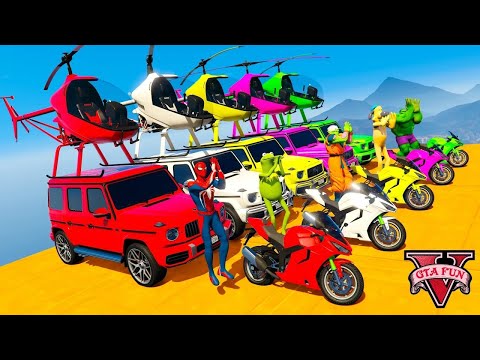 Colored Spiderman & Super Heroes driving Super Cars & Big Trucks in long race track