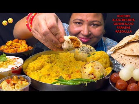 EATING , ALOO BHORTA, KHICHDI, ALOO GOBHI , PARATHE, BOONDI RAYTA, GULAB JAMUN I FOODIE GD