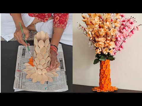 Beautiful flower vase Making idea _ Waste Wooden spoons using Room decor craft _ Best craft Decor