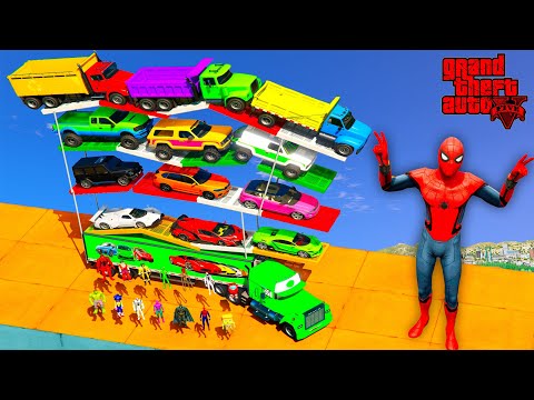 Colored Spiderman & Super Heroes  Loading Super CArs & Big Trucks  Into A Giant Trailer