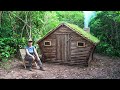 Building Complete Log Cabin in Rain - Grass Roof & Fireplace With Survival Brick