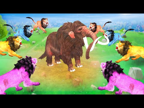 5 Mammoth Elephant Cow vs 5 Giant Lions Fight Buffalo Cow Gorilla Saved by Woolly Mammoth