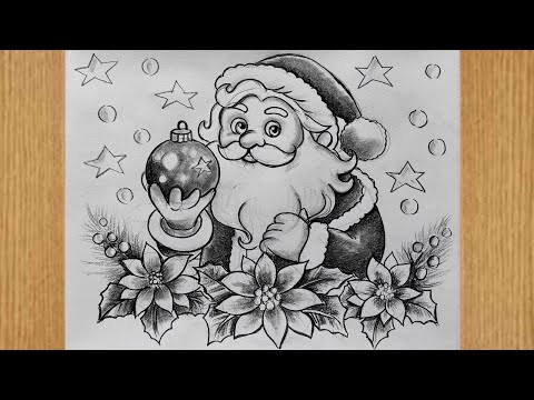 how to draw santa claus face with christmas flower step by step by pencil sketch for beginners,