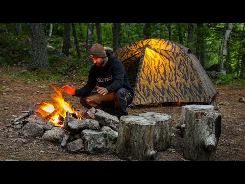 Camping In Forest With Camouflage Stealth Hiking Tent