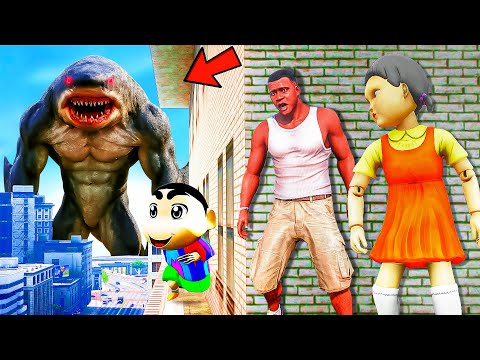 Franklin and Shinchan & Pinchan play HIDE AND KILL with Squid Game Doll In GTA 5