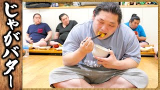 【相撲飯】函館で教わった塩辛じゃがバター・出汁鍋・カレーパスタ・鶏と卵のいりつけ・チキンステーキ・親方の揚げ物 ／ 朝稽古 🍚『ちゃんこ番：出沼・若雅・恵雅・厚雅』
